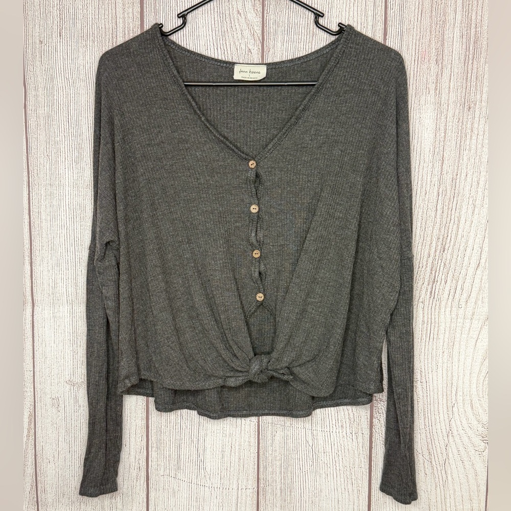 Free Kisses Charcoal Button Down Knot Crop Top